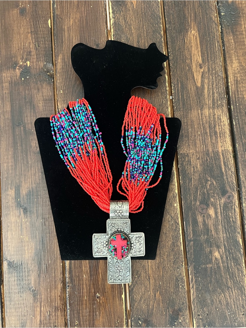 Vintage Southwest Multi-Strand Coral Seed Bead Large Pounded Cross Necklace